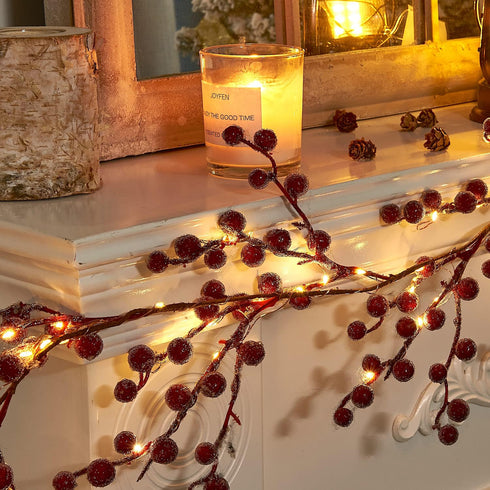 Vanthylit 6FT Red Berry Garland Lights, Battery Operated Christmas Garland with Timer, Lighted Berries Garland Decorations for Holiday Fireplace M...