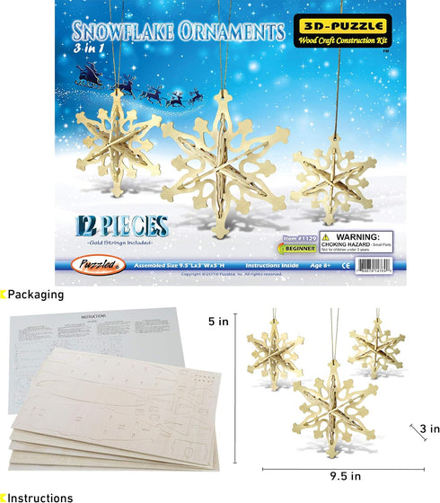 Puzzled 3D Puzzle Snowflake Ornaments Wood Craft Construction Model Kit, Fun & Educational DIY Wooden Toy Assemble Unfinished Crafting Hobby Puzzl...