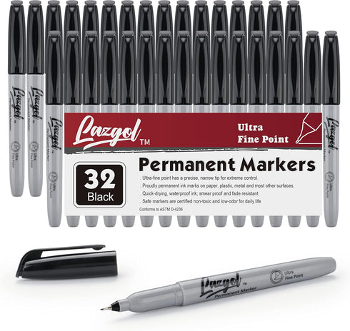 Ultra Fine Permanent Marker Bulk, 32 Pack Ultra Fine Point Black Permanent Marker set, Felt Tip Pens Works on Plastic, Wood, Stone, Metal and Glas...