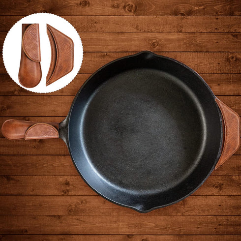 6 Pieces Cast Iron Handle Cover Handmade Thick Skillet Handle Cover Full Grain Frying Pan Sleeve Rustic PU Leather Hot Holder Double Layered Leath...