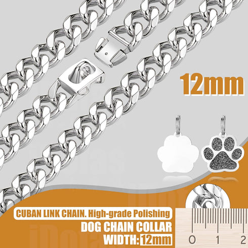 Dog Chain Collars Cuban Link Dog Collar 12mm with Dog tag Buckle Silver Cuban Link Collar Stainless Steel Dog Chain Collars for Puppy Small Medium...