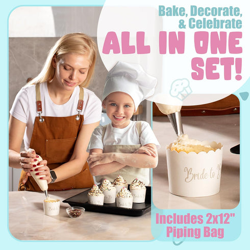 Bride To Be Cupcake Liners Wrappers 25 Count 4.5 oz Each 2-12inch Disposable Piping Bags Wedding Bridal Shower Oven Safe Greaseproof Baking Cups M...