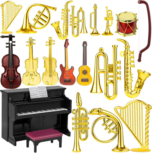 Dollhouse Musical Instruments, Miniature Violin Guitar Piano Drum Trumpet Mini Figurine Ornament for Mini House Musical Room Furnishin...