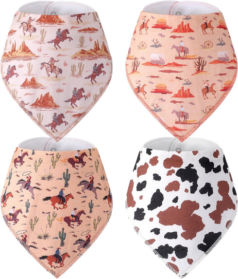 4 Pcs Western Cowboy Baby Bandana Bibs Newborn Infant Feeding Drool Bibs Wild West Cotton Bib for Drooling and Teething Nursery Burp Cloths for Gi...