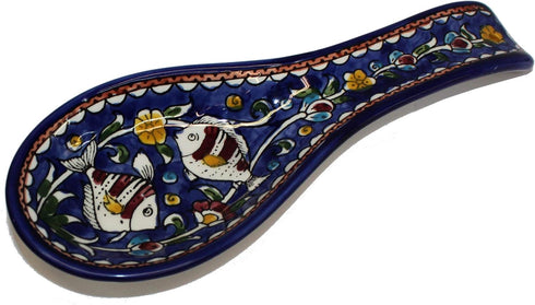 Armenian hand painted cooking Spoon Rest/Ladle Holder - Large with deep Round Cup part - Asfour Outlet Trademark...