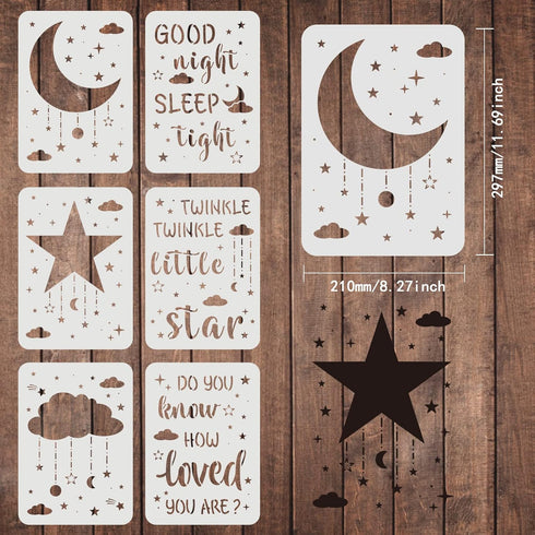 FINGERINSPIRE 6pcs Moon and Star Stencil, Clouds Stencil 11.7x8.3 inch Reusable Star Template, Good Night Baby Room Drawing Stencil for Painting o...