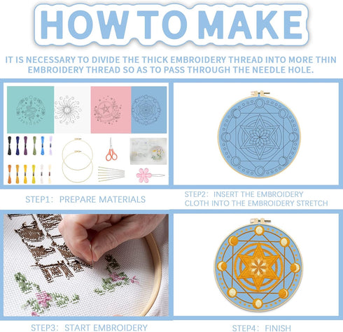 FREEBLOSS 4 Set Tarot Style Embroidery Kit for Beginners Cross Stitch Kit with Instructions Full Kit of Embroidery Cloth Embroidery Hoops 12 Color...