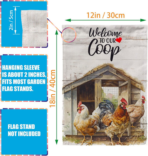 Rooster Garden Flag, Welcome to our Coop farmhouse Garden Flag 12x18 Inch Garden Flag - Perfect for Your Outdoor Hanging Decorations...
