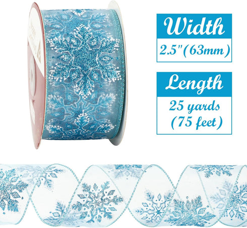 HUIHUANG Snowflake Glitter Wired Ribbon, Blue and White Snowflake Ribbon for Christmas Tree, 2-1/2" x 25 Yards Christmas Ribbon for Tree, Bows Mak...