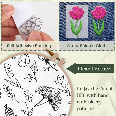Flower Embroidery Transfer Patterns, 56 Pcs Water Soluble Stabilizer for Embroidery Paper Patch Adhesive Tear Away Embroidery Stabilizer for Hand ...