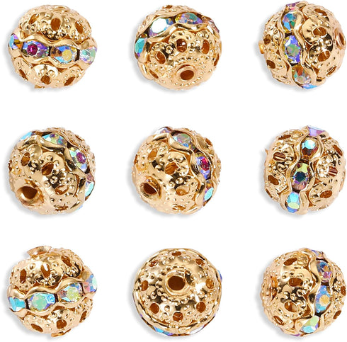Firstmeet 50pcs Rhinestone Alloy Beads Large Hole Spacer Beads for Necklace Earring Bracelet Crafts Making Supplies(DIY-1043-Gold WhiteAB-10mm)...