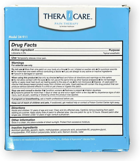 24-911 TheraCare Pain Relief 4% Lidocaine Patch, for External Use Only, Simple Adhesive Application, Odor-Free, Five 3.93" x 5.5" Individually Wra...