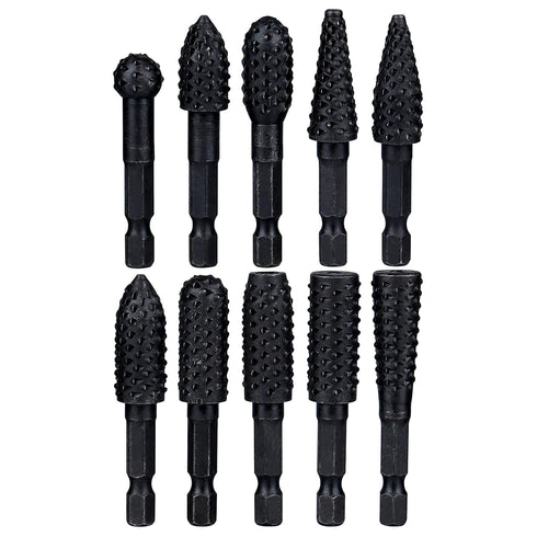 Yakamoz 10Pcs 1/4 Inch Hex Shank Rotary Rasp File Set Wood Carving Burrs Rasp Drill Bits DIY Woodworking Tool for Wood Polishing Deburring Shaping...