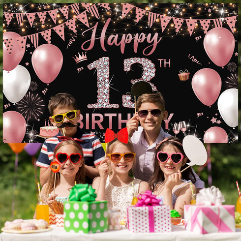 13th Birthday Decorations Backdrop Banner, Happy 13th Birthday Decoration for Girls, Rose Gold Birthday Photography Background, 13 Year Old Birthd...