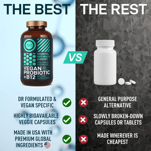 Vegan Probiotic Plus B12-22 Billion CFU Synbiotics Probiotics & Prebiotic for IBS, Digestive & Gut Health, Mood Support - B12 with FOS Pre Pro Pos...