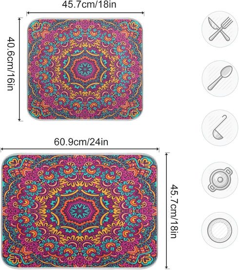 Boho Ethnic Dish Drying Mat Bohemian Mandala Paisley Kitchen Countertop Mat 16 x 18 Inch Absorbent...