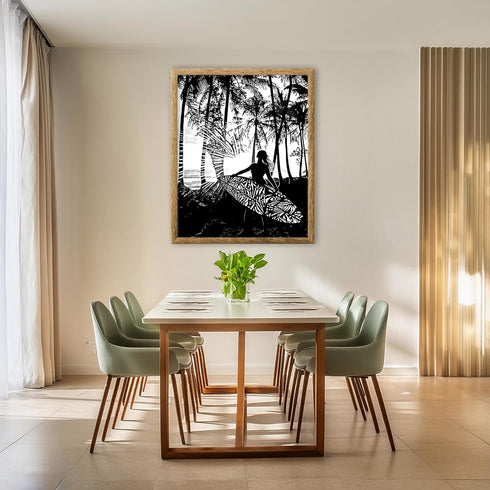 Posterizer 1 pcs-black and white art-woman at the beach with surfboard 3-Coastal & Nautical Art Gift for Nature, Surfers and Beach Lovers - unfra...