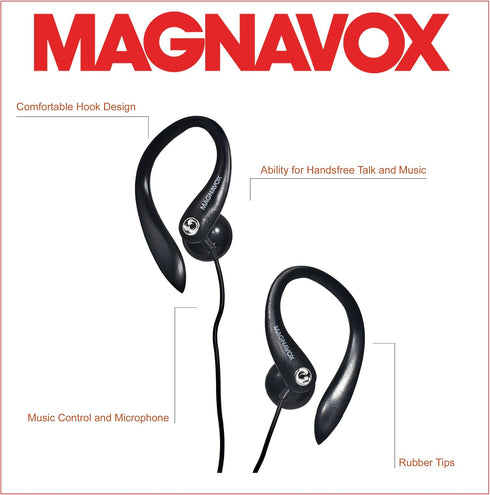 Magnavox MHP4854-BK Earhook Earbuds With Microphone in Black | Available in Black & White | Extra Value Comfort Stereo | Durable Rubberized Cable...