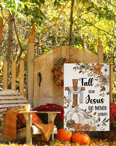 Fall Cross Garden Flags for Outside Decorations, Religious Cross Fall for Jesus with Pumpkins Maple Leaves Small Yard Flag, Harvest Autumn Thanksg...