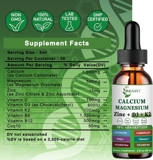 Calcium Magnesium Zinc Liquid Drops, Liquid Magnesium Glycinate 500mg Calcium 1000mg with Vitamin D3,K2,B6,B12,Coq10 for Bone Strength, Muscle Fun...