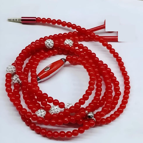 Red Pearl Necklace Design in-Ear Headphones - High Definition Microphone, Stylish Hifi with Heavy Bass, 4D Stereo, Durable Build - Enhance Sound Q...