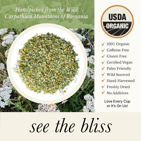 Wild Bliss Organic Yarrow Tea - Caffeine Free Loose Leaf Herbal Tea - Pharmacopoeia Potency - 1.76 Ounces - 25 Servings...