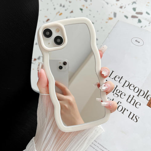 Jmltech for iPhone 15 Case Mirror Curly Wave Frame Shape Silicone Cute Shockproof Ultra Thin Protective Phone Case for iPhone 15 Beige Bumper...