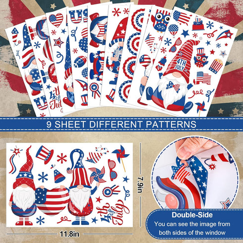 138Pcs Patriotic Window Clings 4th of July Gnome American Flag Firework Window Decals Red Blue Star Stripe Double-Sided Prints PVC Stickers for In...