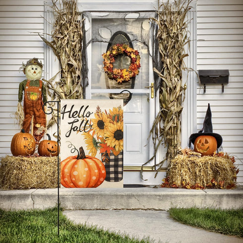 Hello Fall Pumpkin Garden Flag Vertical Double Sided 12x18 Inch Small Yard Flag Thanksgiving Autumn Burlap Yard Seasonal Holiday Outdoor Decor...