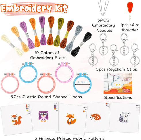 WATINC 5Pcs Embroidery Kit for Kids Stamped Cross Stitch DIY Key Chain with Woodland Animal Patterns Needlepoint Starter Kits Craft Supplies for B...