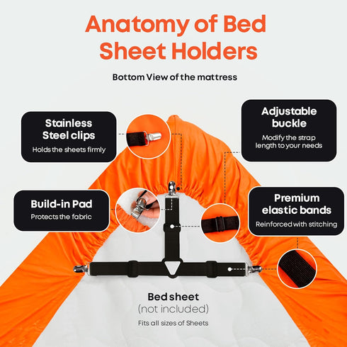 5 STARS UNITED Bed Sheet Straps Set | Easy to Use Adjustable Elastic Fasteners with Metal Clips | Sheet Holders for Corners | Fitted Sheet Clips t...