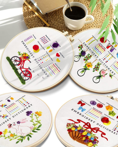 TINDTOP Embroidery Kit for Beginners, 4 Pack Cross Stitch Practice Kits for Beginners Include Embroidery Cloth Hoops Threads for Craft Lover Hand ...