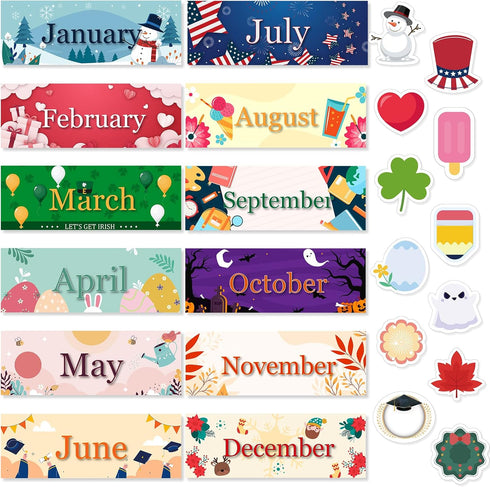 24 Pcs Holiday Monthly Headliners Set 12 Months of The Year Headers Monthly Bulletin Board Borders Seasonal Monthly Headers with 12 Holiday Sticke...
