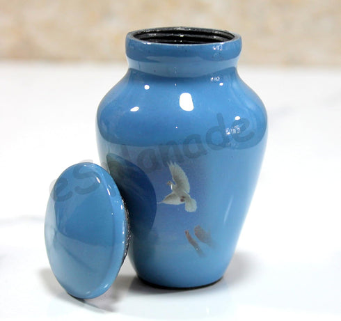 Esplanade Metal Mini Cremation Urn Keepsake Memorial Jar Pot Container |Small Urn for Funeral Ashes Burial | White Pigeon Printed Keepsake | Blue ...