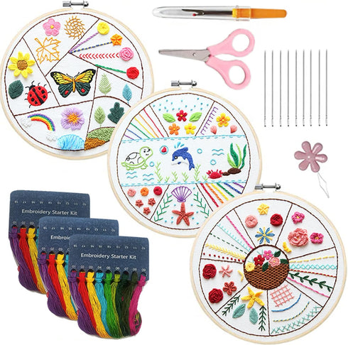 Emopeak 3 Sets Beginners Embroidery Stitch Practice kit, Bamboo Frame Animal Embroidery Kit to Learn 30 Different Stitches Stitch with Embroidery ...