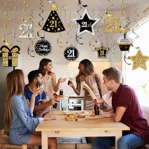 30 Pieces 21st Birthday Party Decorations, 21st Birthday Party Decorative Cards and Hanging Swirls Ceiling Decorations Shiny Celebration Hanging S...