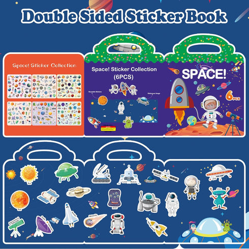 213 PCS Space Reusable Sticker Books for Kids, 6 Sheets Reusable Stickers for Toddlers, Cute Waterproof Toddler Stickers Age 3+, Window Clings Tra...