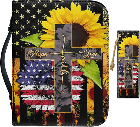 Bengbobar US Flag Bible Covers for Women Men Cross Bible Carrying Case Waterproof Faux Leather Bible Protective with Handle and Zippered Journal C...