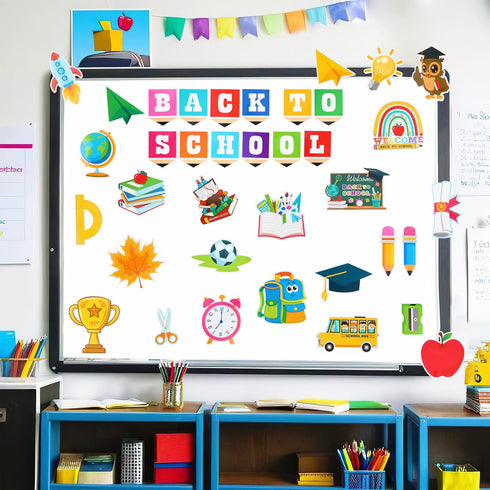 JUNEBRUSHS 56Pcs Classroom Bulletin Board Decorations Set, BACK to SCHOOL Cutouts with Border Trims for School Classroom Door Home Wall Decoration...