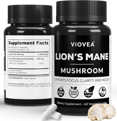 Lion's Mane Supplement Capsules - 60 Capsules (30-Day Supply), Supports Focus, Clarity, Memory, and Overall Cognition. Organic Nootropic Supplemen...