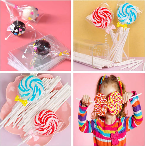 Big Size Lollipop Cake Pop Treat Bag Set Including 100pcs Parcel Bags, 100pcs Papery Treat Sticks, 100pcs Colorful Metallic Twist Ties for Making ...
