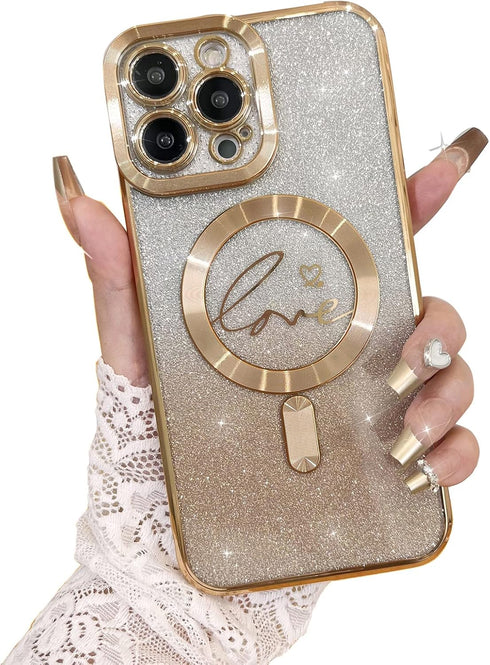 Fiyart Compatible with iPhone 13 Pro Max Case,Compatible with MagSafe Love Heart Plating Camera Protection Clear Phone Case, Magnetic Glitter for ...