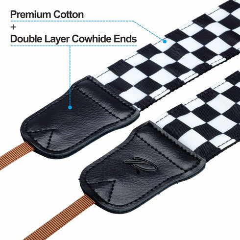 Padwa Lifestyle Black and White Plaid Camera Strap - 2" Wide Double Layer Cowhide Head,Cotton Camera Shoulder Straps,Grid Pattern Adjustable Camer...