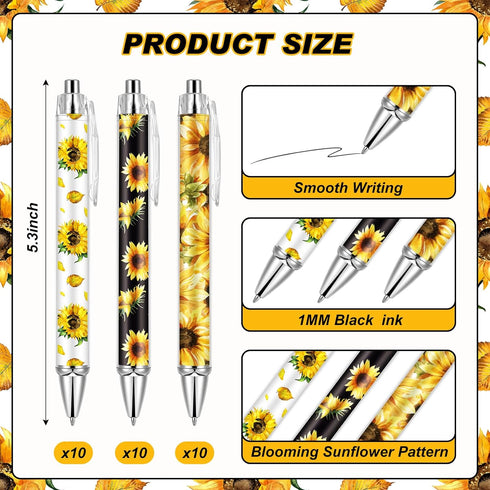 Qilery 30 Pcs Sunflower Ballpoint Pens Flower Pens Retractable Yellow Pens Plant Click Ball Pens Creative Floral Gel Ink Pen Black Ink Medium Poin...