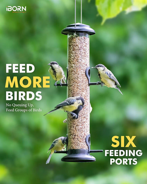 iBorn Metal Bird Feeders Black Wild Bird Feeder for Outdoors Hanging All Metal Black Finishing 14 Inch 6 Port(Seed is not Included)...