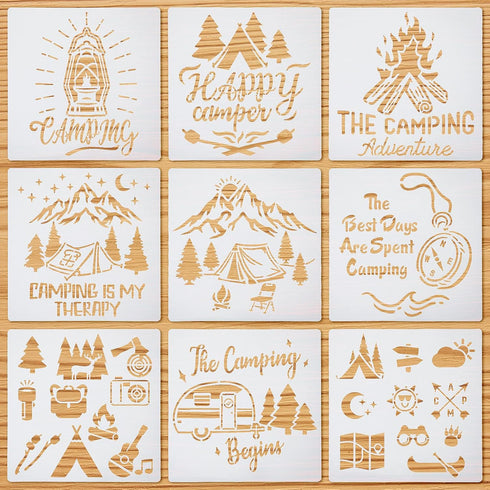 9 Pcs Stencils for Camping Paintings 8 x 8 Inches Reusable Camping Stencils for Journaling Painting DIY T-Shirt Bucket Bag Pillow Cases Crafts Cak...