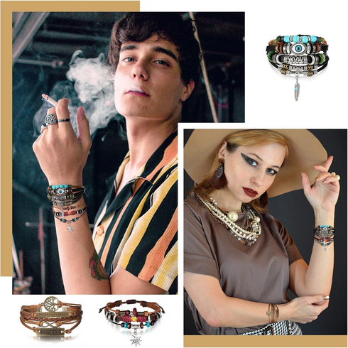 Hicarer 3 Pieces Multilayer Woven Leather Bracelets Western Bracelets Gifts for Women Beaded Bohemia Bracelet Evil Eye Boho Handmade Pu Bracelet W...