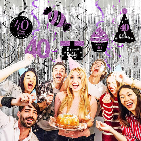 40th Birthday Decorations Women Purple Black Silver Women 40th Birthday Party Decorations Purple Silver Black Foil Hanging Swirls...
