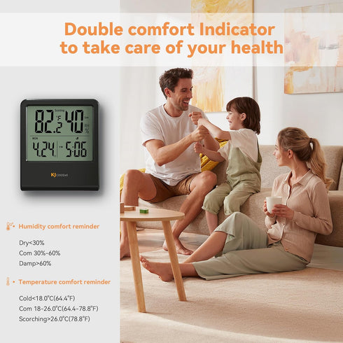 Indoor Thermometer, Room Thermometer and Hygrometer with Clock, Temperature and Humidity Meter with Clock, Double Comfort Indicator, Time, Date(Bl...