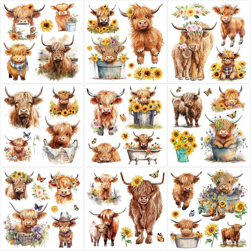 9 Sheets Highland Cow Rub on Transfers Sunflower Cow Pattern Transfer Stickers Cute Animal Floral Furniture Decals for Home Office Paper Wood DIY ...